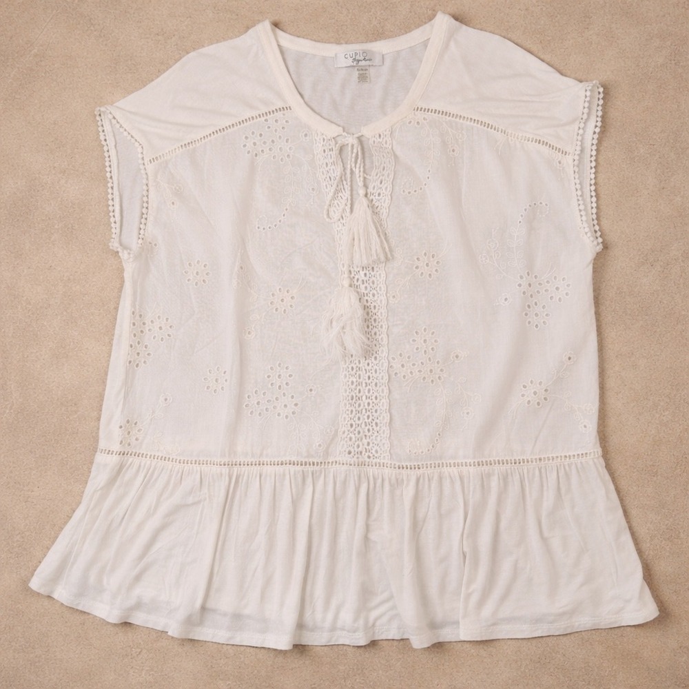 Cupio‎ Embroidered Eyelet Crochet Lace Tassel Peplum Boho Blouse Top White (XL)